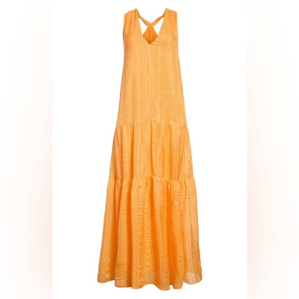 Frame Women's Orange Silk Draped Crinkle Tiered Halter Maxi Dress